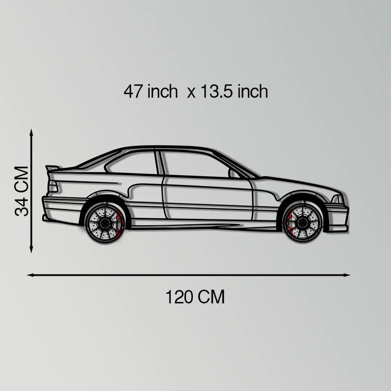 BMW E36 M3 Metal Car Wall Art with Rotating Wheels - 90s Performance Legend Silhouette - Interactive Automotive Wall Decor - KAFMEKA101 by Enova Art