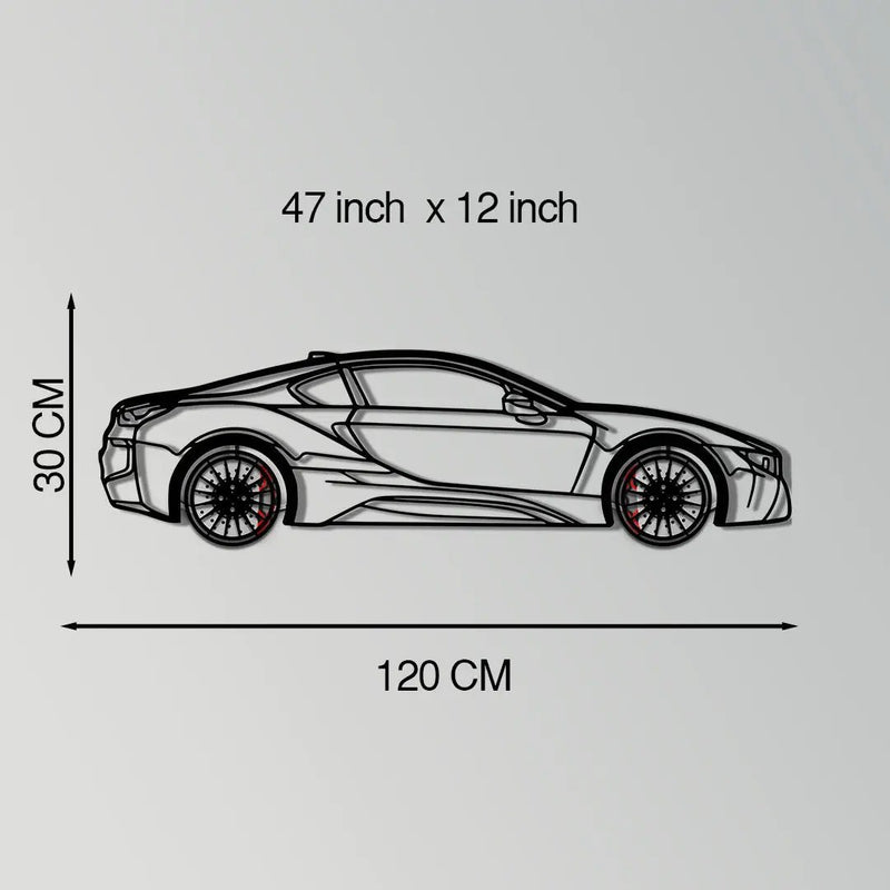 BMW i8 Metal Car Wall Art with Rotating Wheels - Futuristic Hybrid Supercar Silhouette - Interactive Automotive Decor - KAFMEKA106 by Enova Art