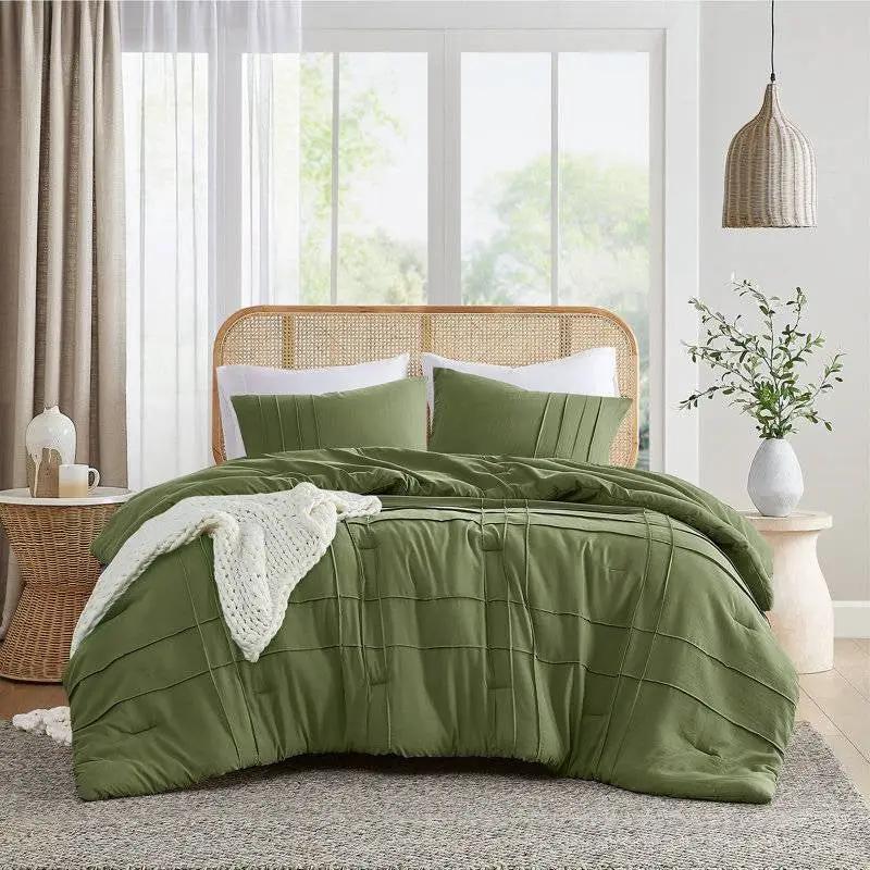Queen size Microfiber Pleated Soft Lightweight Comforter Set in Olive Green by HomePacific