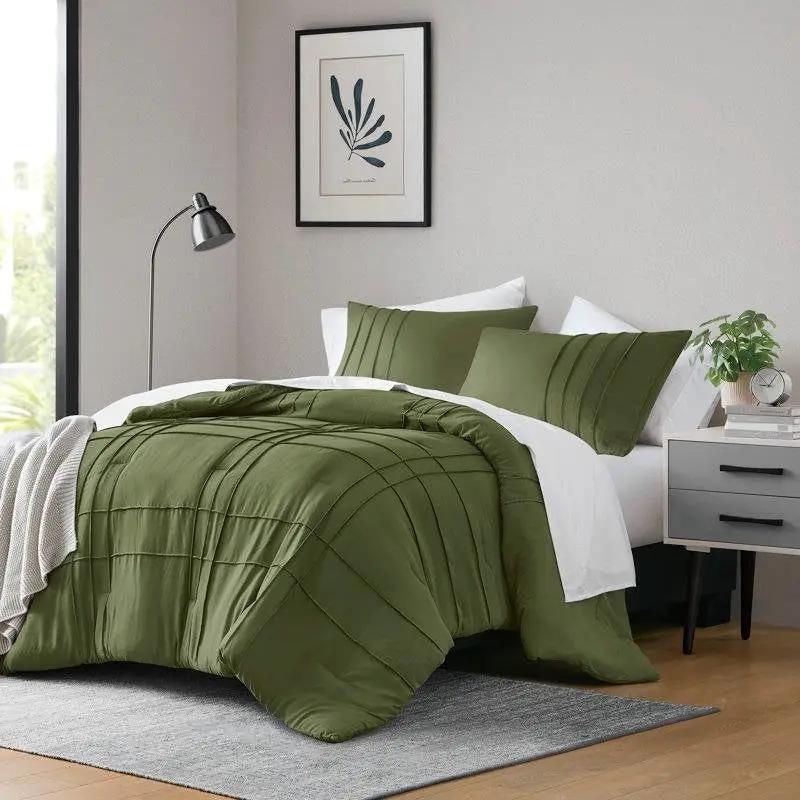 Queen size Microfiber Pleated Soft Lightweight Comforter Set in Olive Green by HomePacific