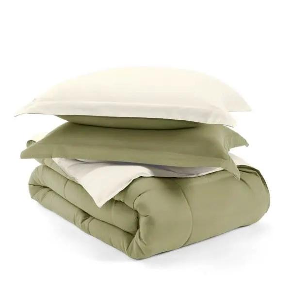 King/Cal King 3-Piece Microfiber Reversible Comforter Set in Sage Green/Cream by HomePacific
