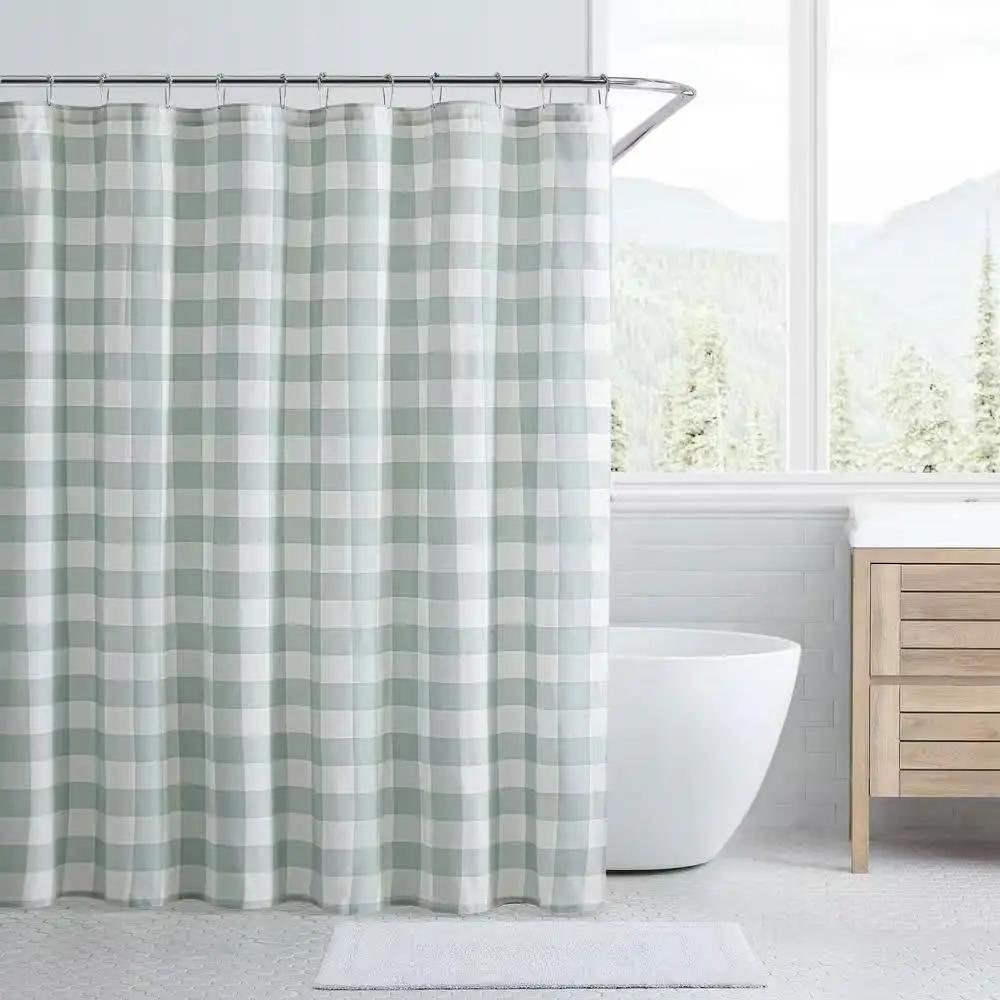 72-inch 100-Percent Cotton Fabric Shower Curtain with Green White Plaid Pattern by HomePacific