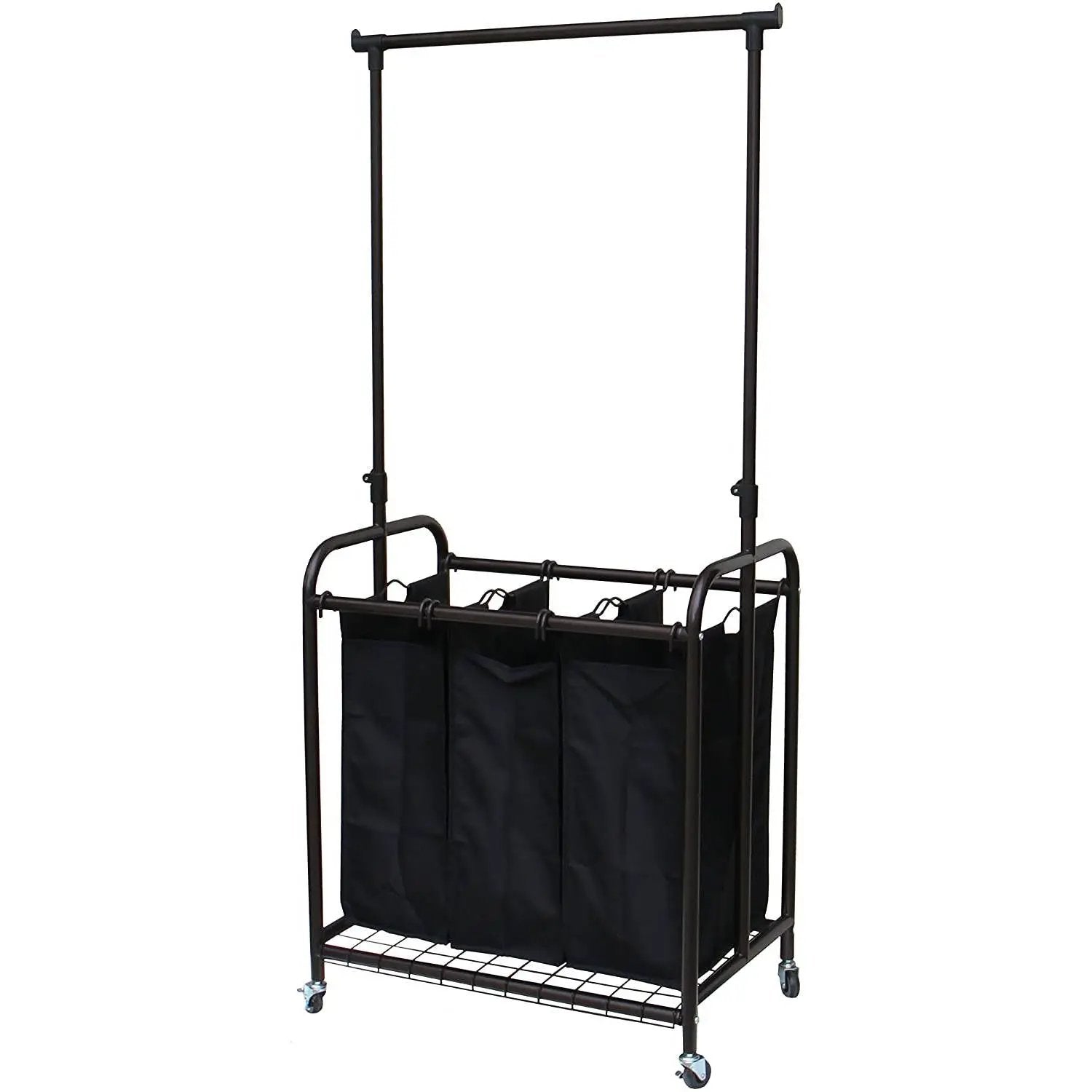 Bronze Black 3-Bag Laundry Sorter Hamper with Adjustable Clothes Hanging Bar by HomePacific