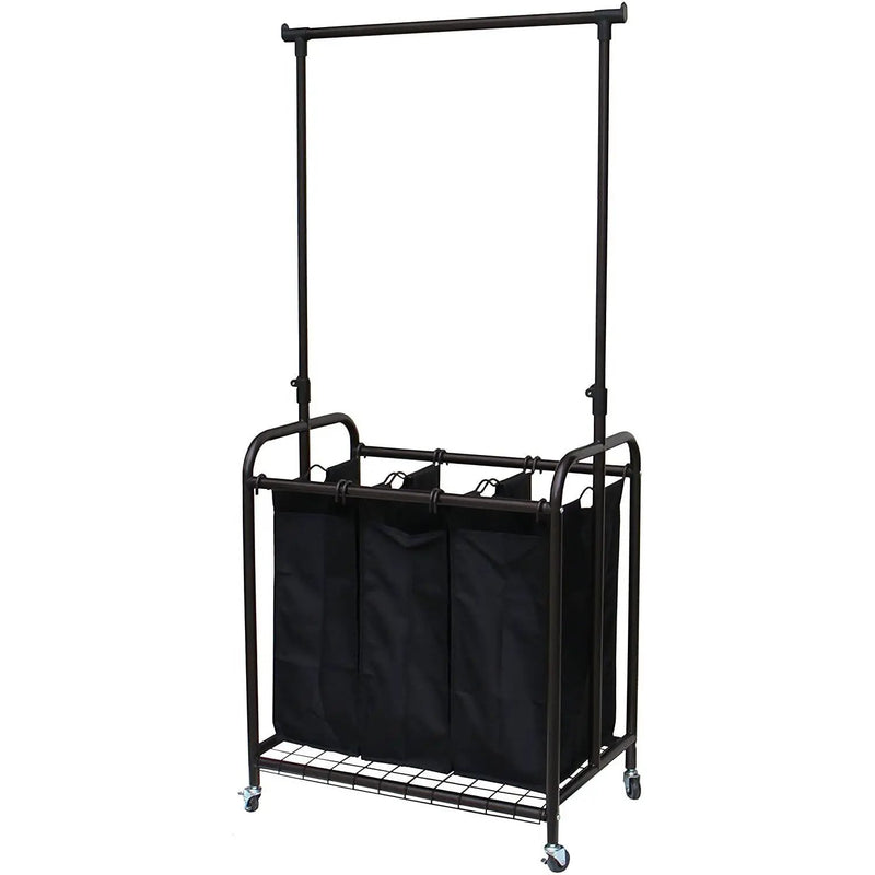 Bronze Black 3-Bag Laundry Sorter Hamper with Adjustable Clothes Hanging Bar by HomePacific