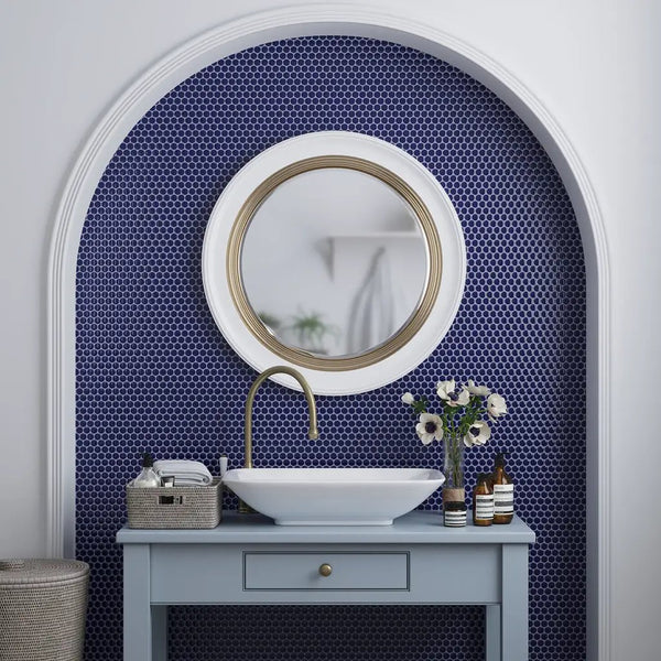 Indigo Blue 12x12 Glossy Penny Round Porcelain Mosaic Tile (10 pack, 9.87 sq ft/case), photo 2 of 9