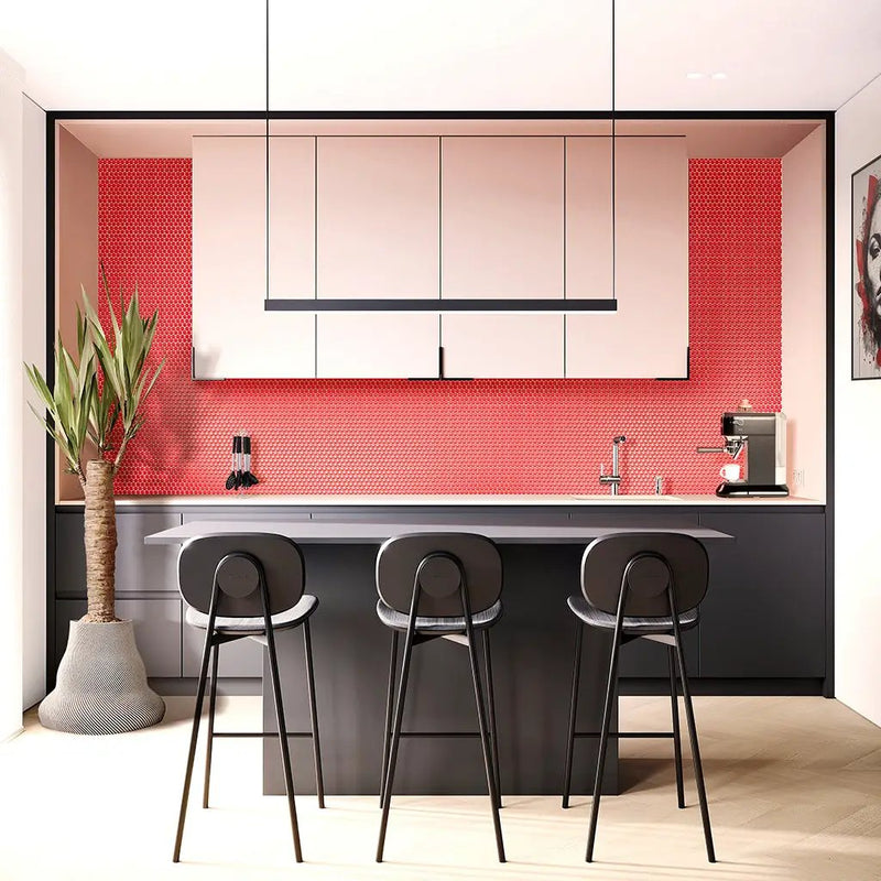 Red 12x12 Glossy Penny Round Porcelain Mosaic Tile (10 pack, 9.87 sq ft/case) by Apollo Tile