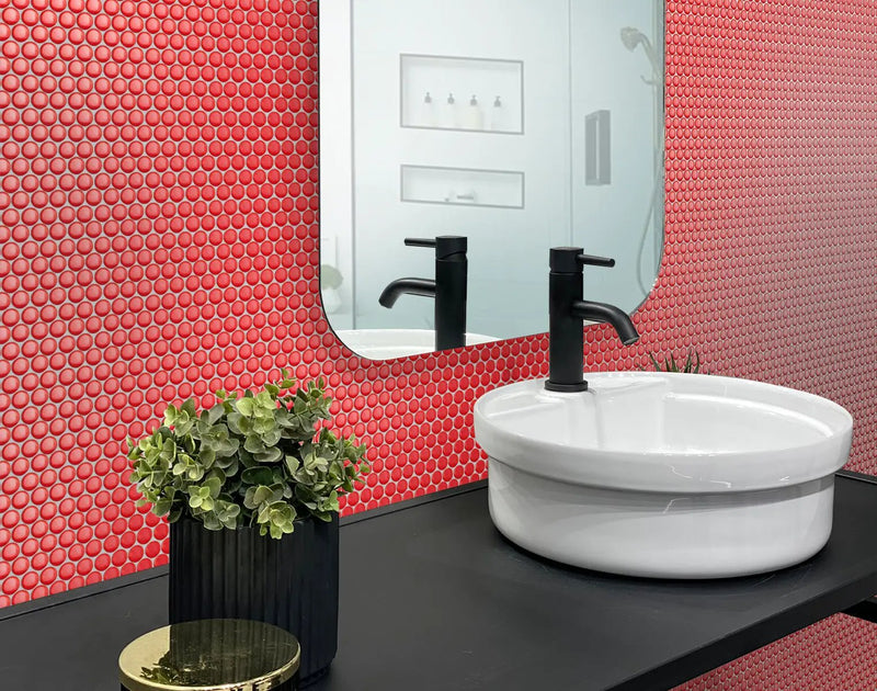 Red 12x12 Glossy Penny Round Porcelain Mosaic Tile (10 pack, 9.87 sq ft/case) by Apollo Tile