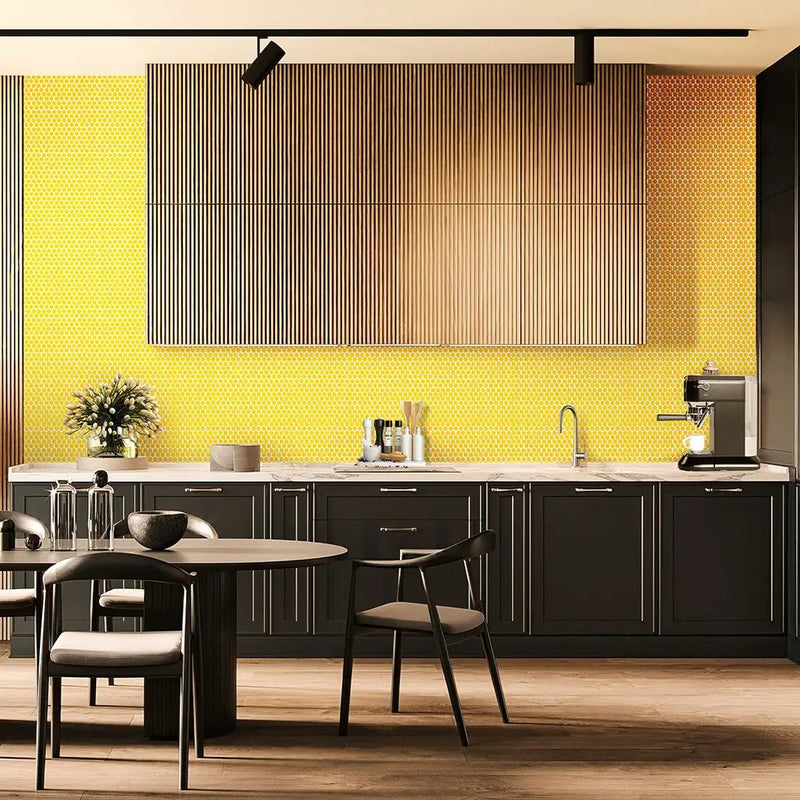 Yellow 12x12 Glossy Penny Round Porcelain Mosaic Tile (10 pack, 9.87 sq ft/case) by Apollo Tile