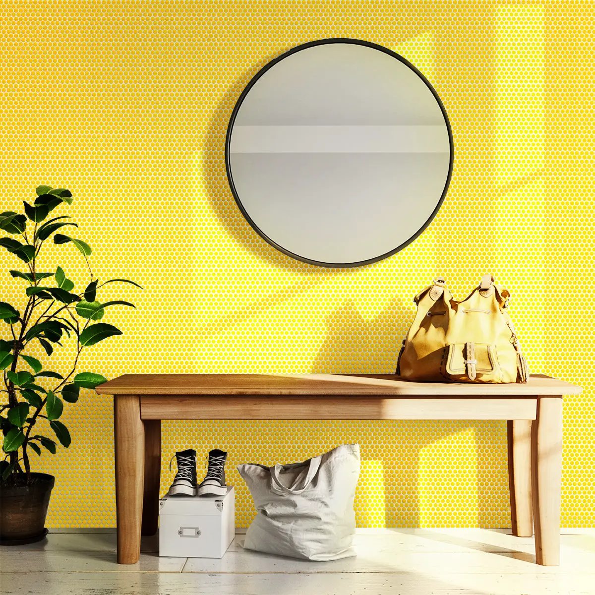 Yellow 12x12 Glossy Penny Round Porcelain Mosaic Tile (10 pack, 9.87 sq ft/case) by Apollo Tile