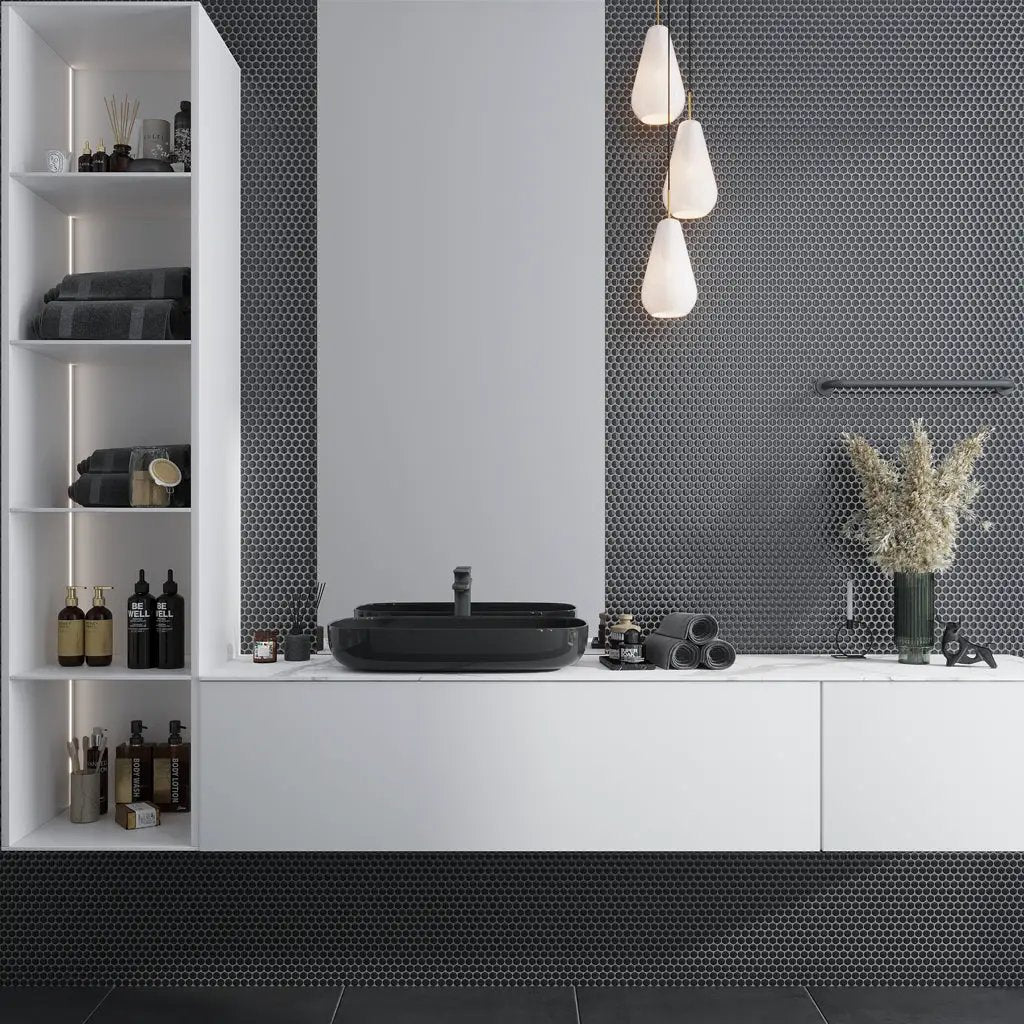Black 12x12 Glossy Penny Round Porcelain Mosaic Tile (10 pack, 9.87 sq ft/case) by Apollo Tile