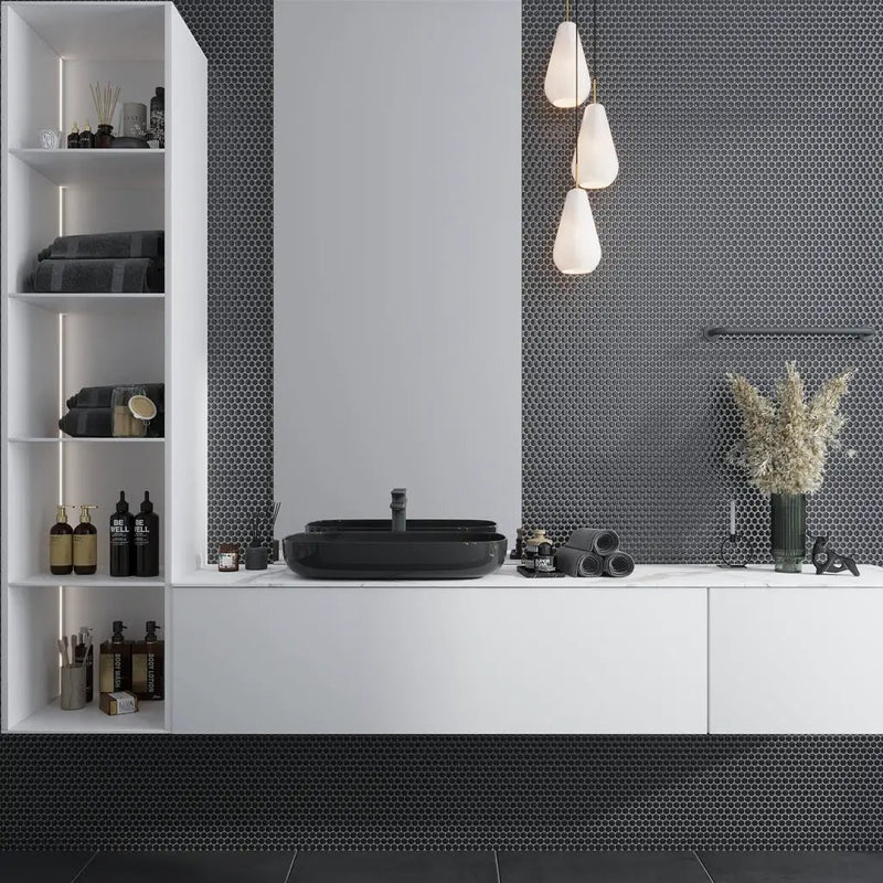 Black 12x12 Glossy Penny Round Porcelain Mosaic Tile (10 pack, 9.87 sq ft/case) by Apollo Tile