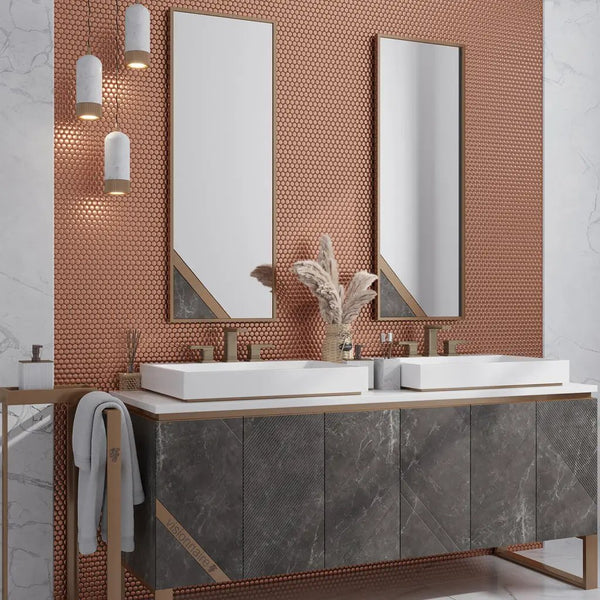 Copper Gold 12x12 Matte Penny Round Porcelain Mosaic Tile (10 pack, 9.87 sq ft/case), photo 2 of 11