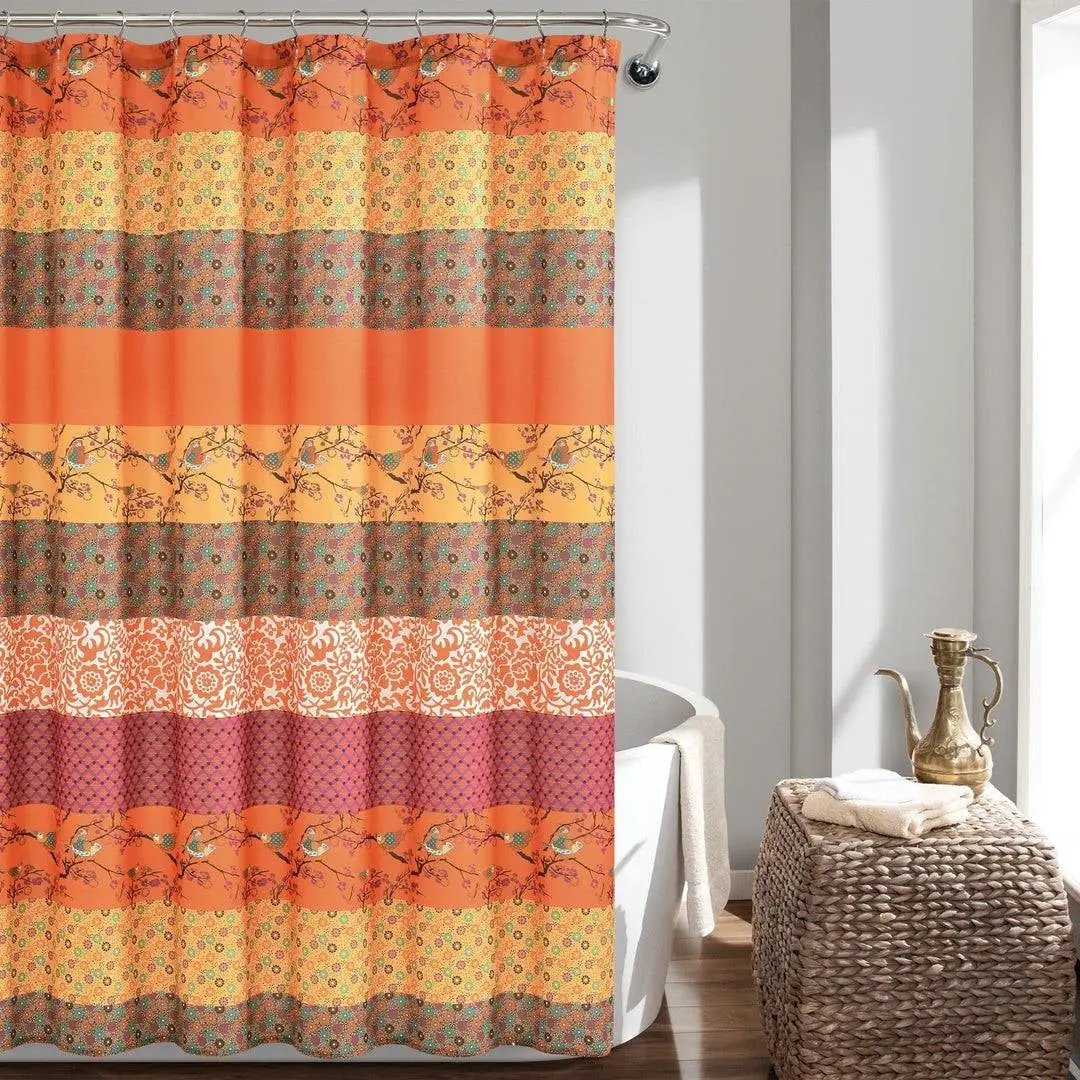 72-inch Orange Teal Floral Damask Boho Birds Polyester Shower Curtain by HomePacific
