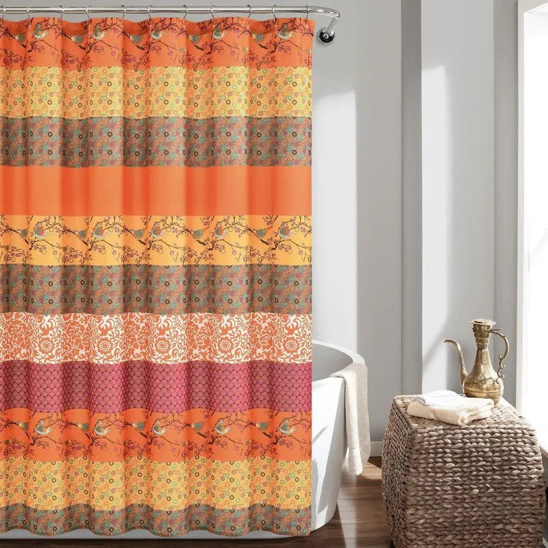 72-inch Orange Teal Floral Damask Boho Birds Polyester Shower Curtain by HomePacific