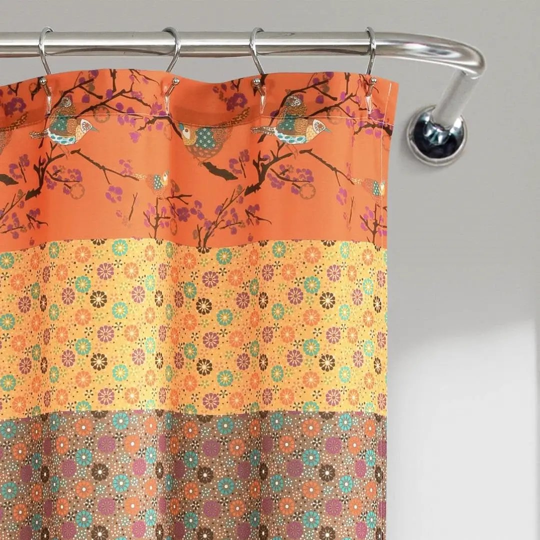 72-inch Orange Teal Floral Damask Boho Birds Polyester Shower Curtain by HomePacific