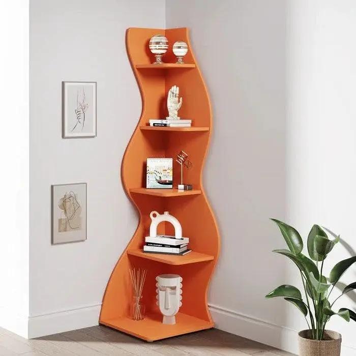 Modern Wave Shape 5 Shelf Corner Bookcase in Orange Wood Finish by HomePacific