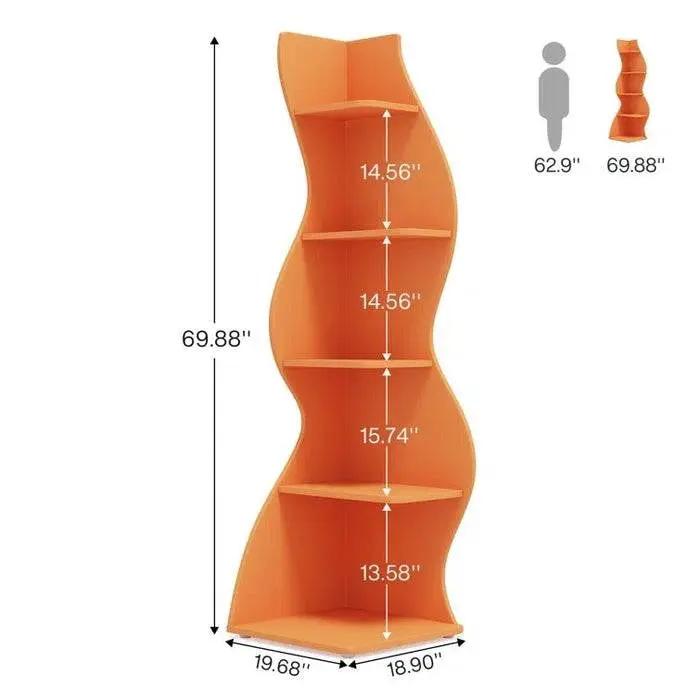 Modern Wave Shape 5 Shelf Corner Bookcase in Orange Wood Finish by HomePacific