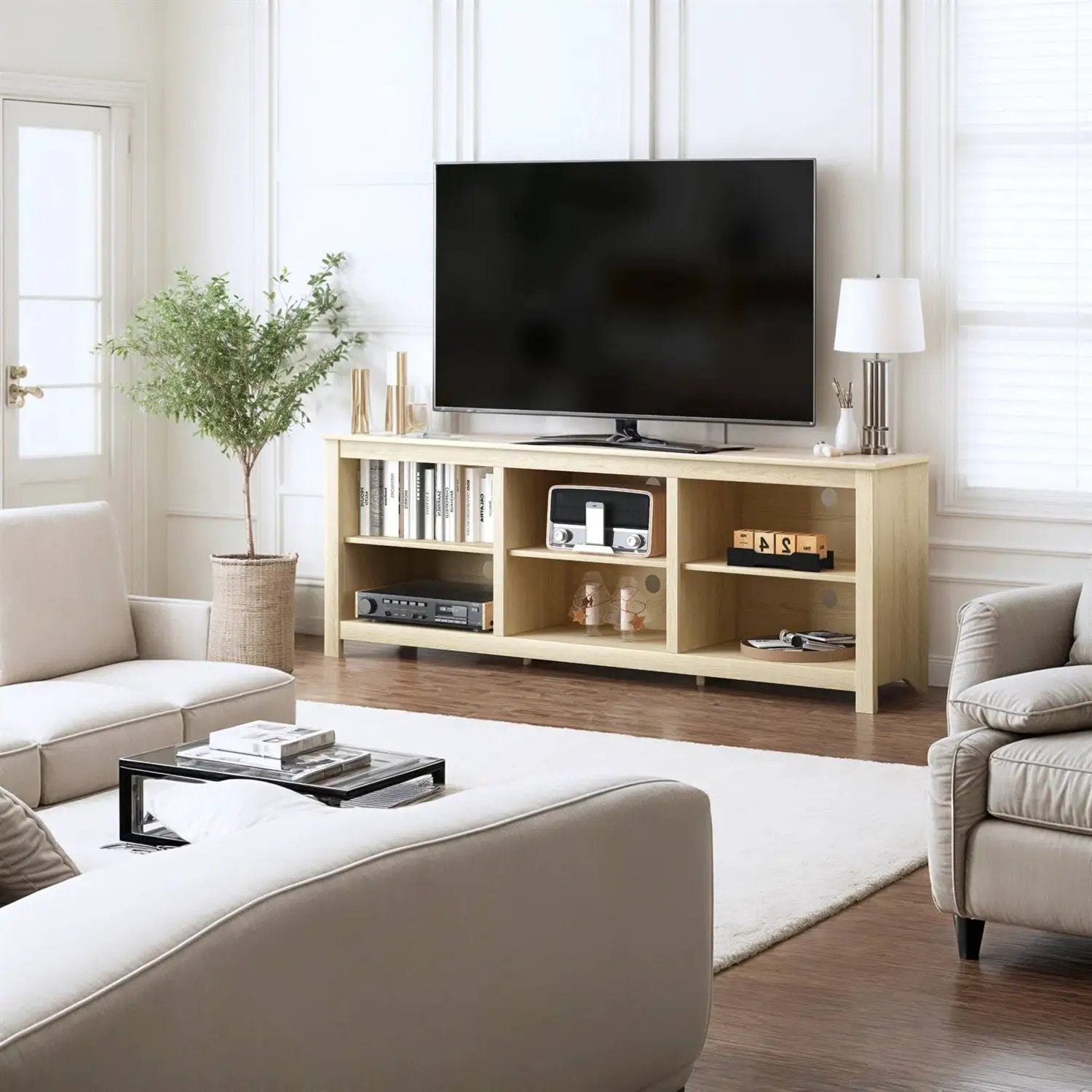 Farmhouse TV Stand in Light Oak Wood Finish - for TVs up to 70-inch by HomePacific