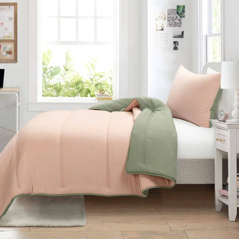Twin/XL Soft Lightweight Reversible Quilted Comforter Set in Green/Pink by HomePacific