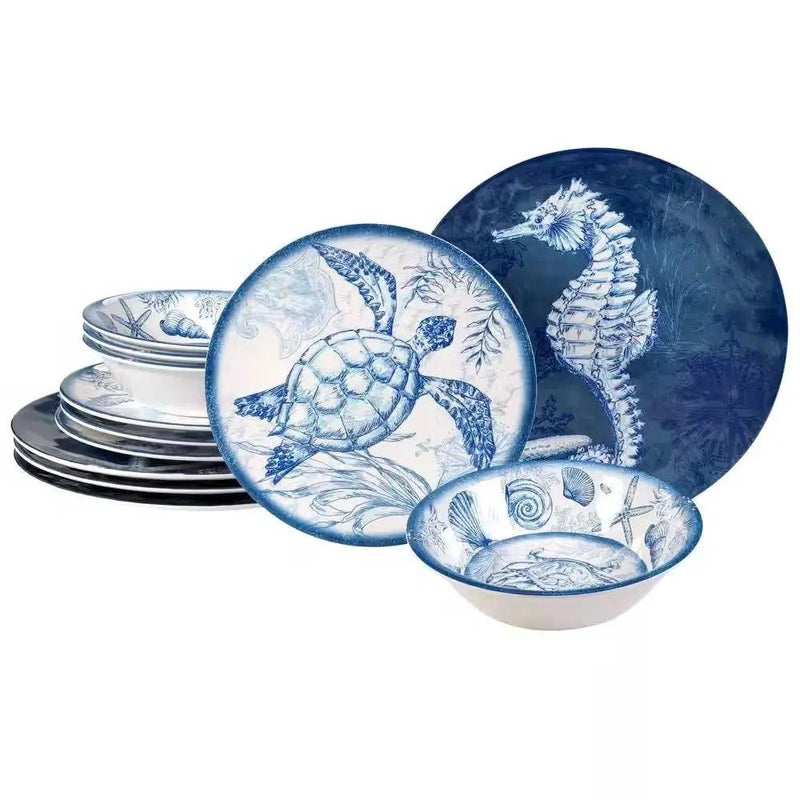 12-Piece Sea Shells Ocean Theme Dinnerware Set in Blue and White - Service for 4 by HomePacific