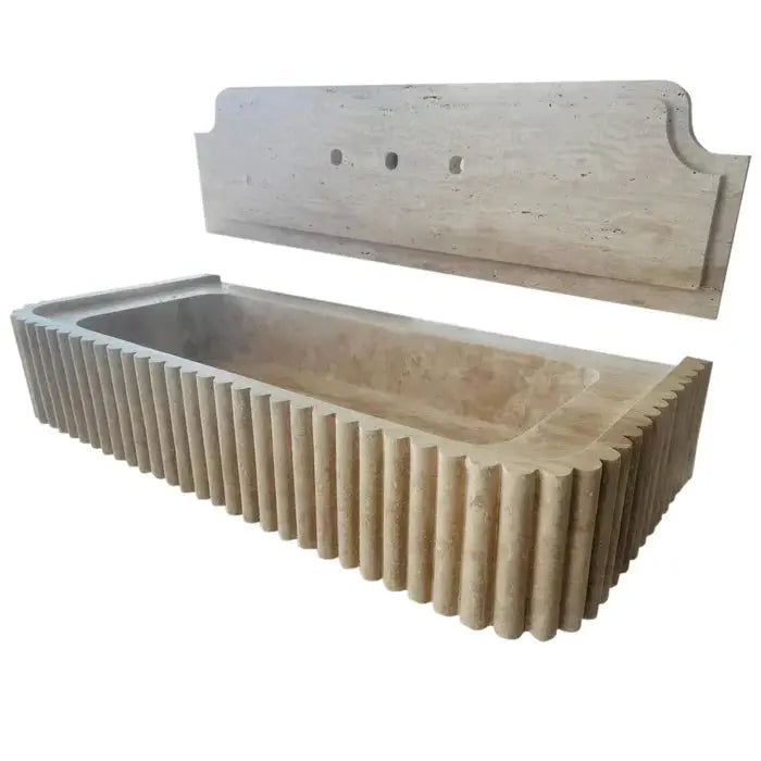 Beige Travertine Wall-mount Vanity Sink - Fluted 16 x 36 x 6 by GobekDesign