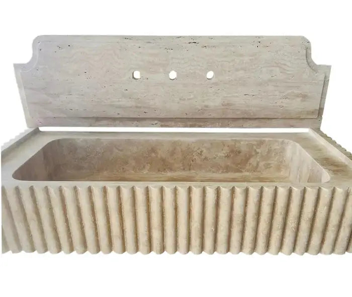 Beige Travertine Wall-mount Vanity Sink - Fluted 16 x 36 x 6 by GobekDesign