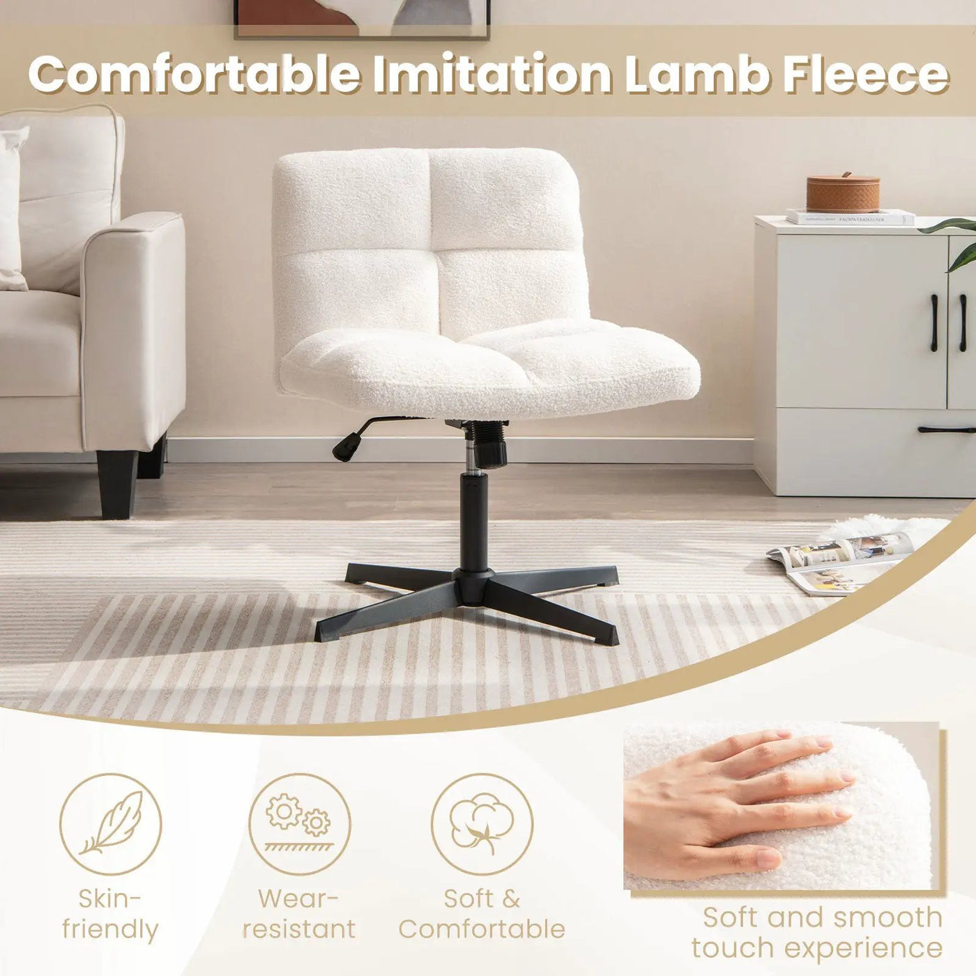 Office Armless Chair Cross Legged with Imitation Lamb Fleece and Adjustable Height by DirectDeals