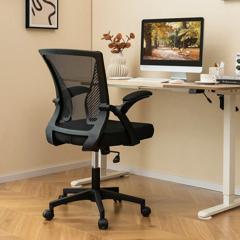 Ergonomic Office Chair Adjustable Swivel Chair with Flip-Up Armrests and Rocking Backrest-Black by DirectDeals