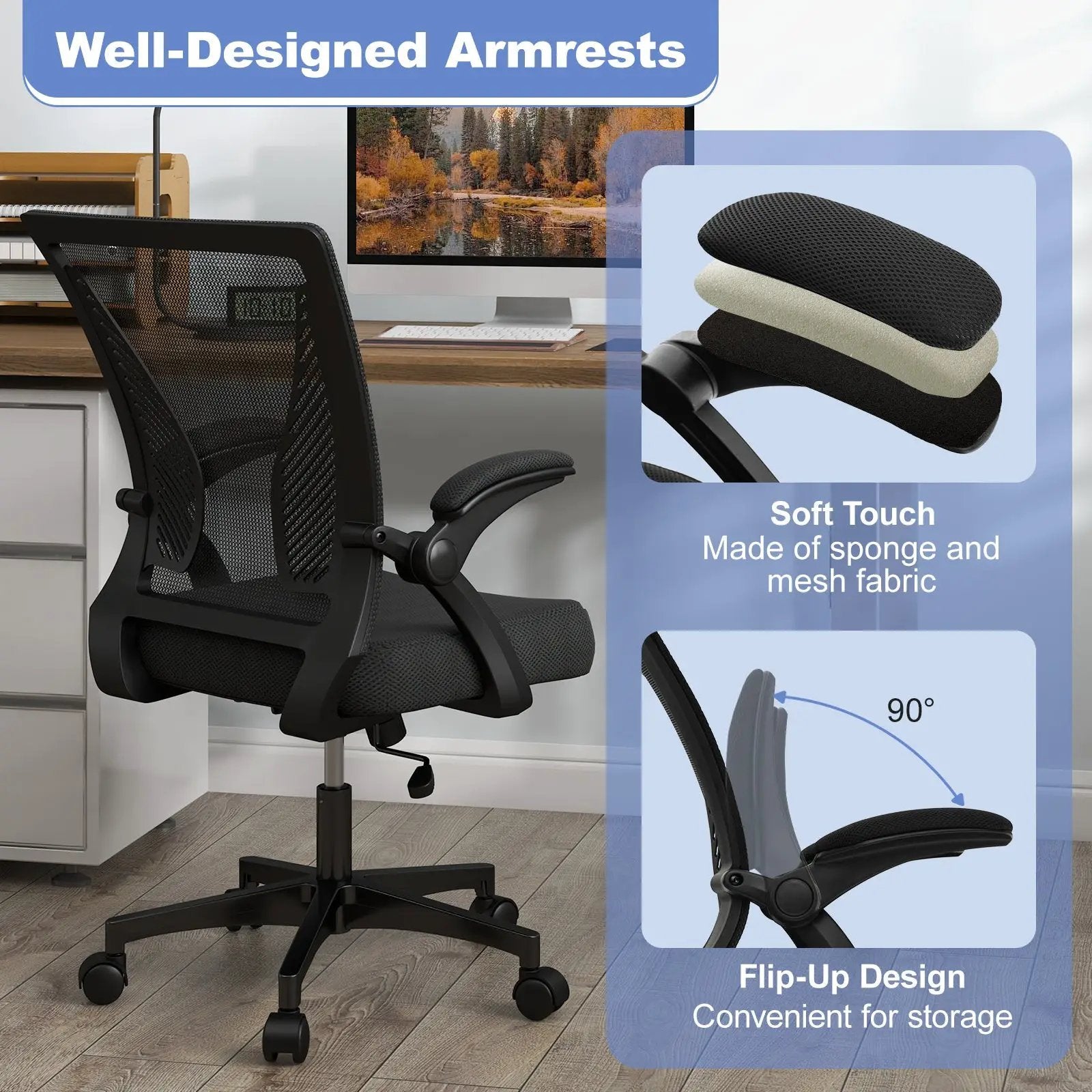 Ergonomic Office Chair Adjustable Swivel Chair with Flip-Up Armrests and Rocking Backrest-Black by DirectDeals