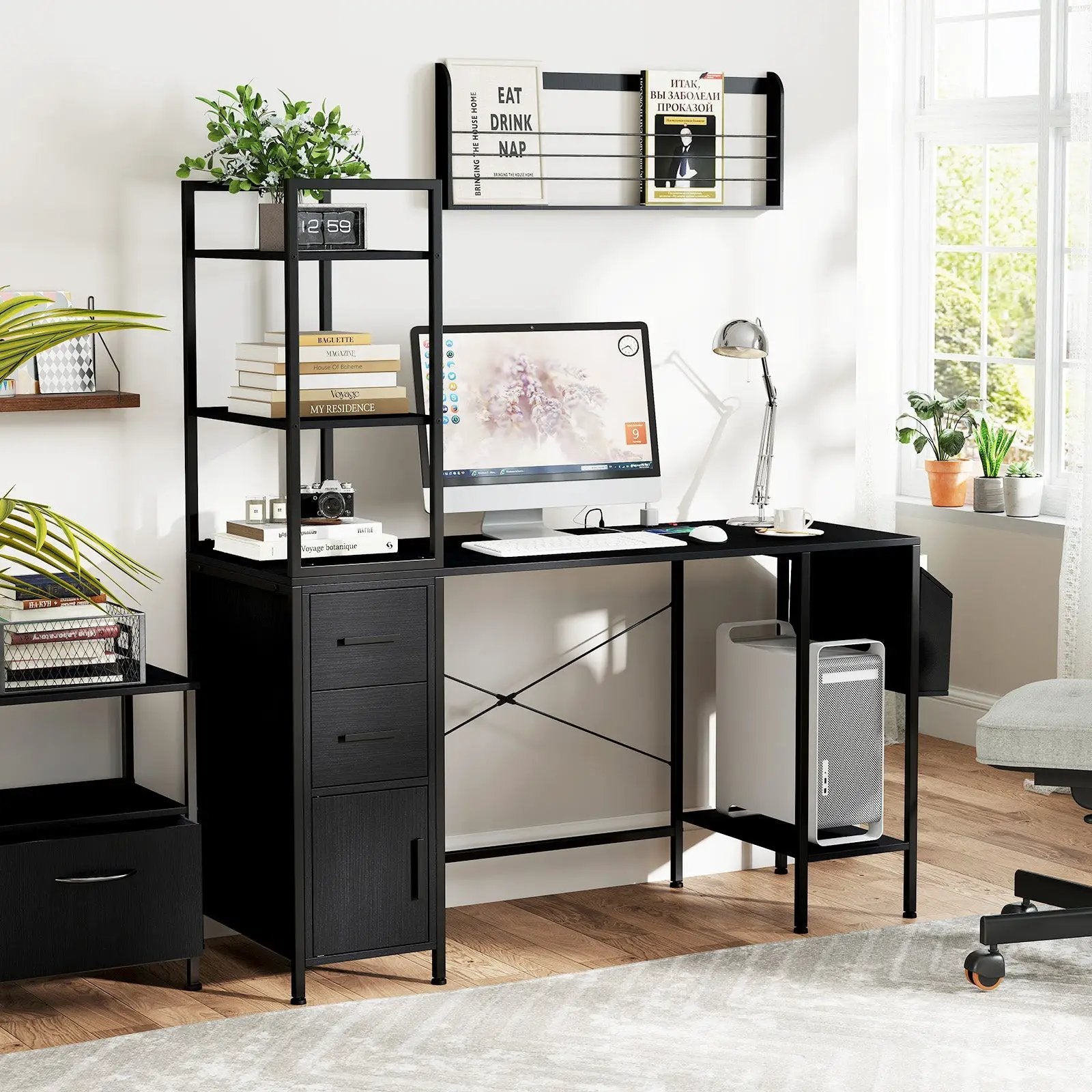 Office Desk with LED Lights and Power Outlets Computer Desk with Open Shelves-Black by DirectDeals