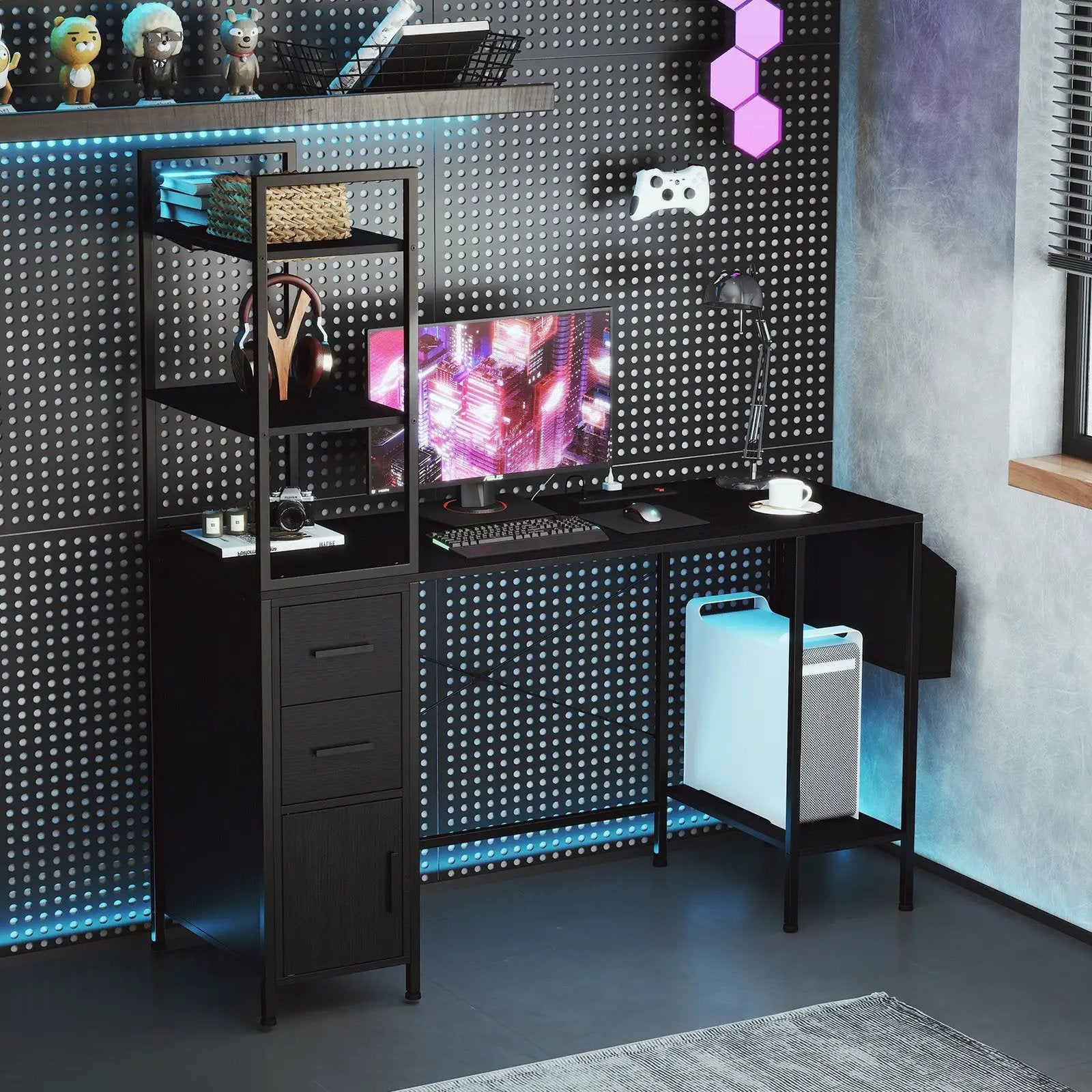 Office Desk with LED Lights and Power Outlets Computer Desk with Open Shelves-Black by DirectDeals