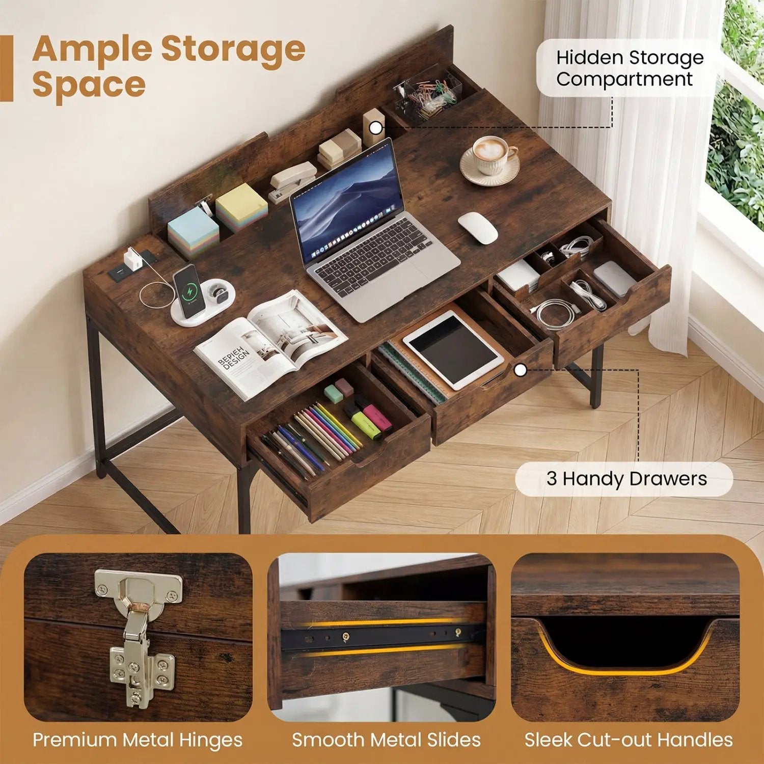 Office Desk with Power Outlets and Hidden Compartment for Study by DirectDeals
