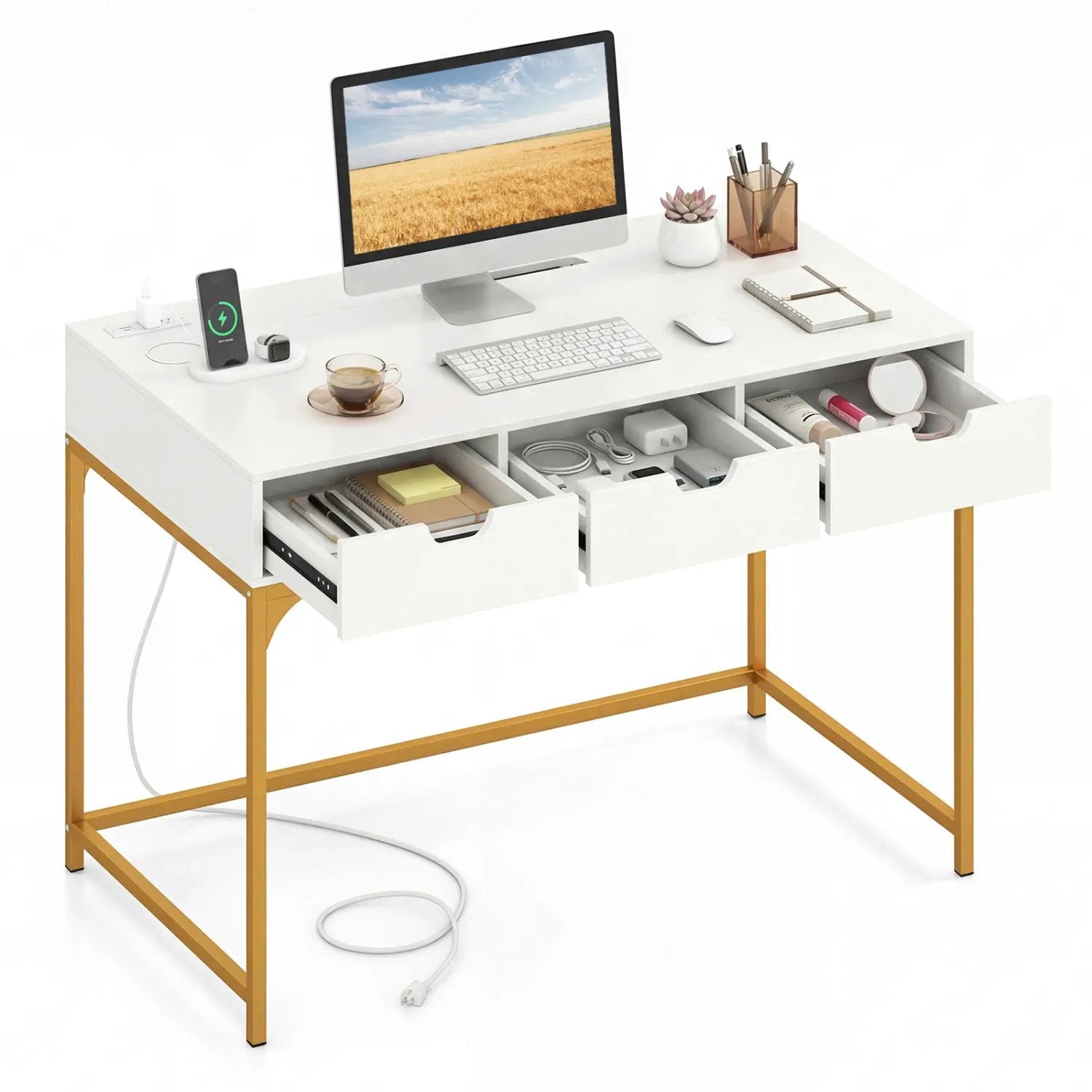 Office Desk with Power Outlets and Hidden Compartment for Study by DirectDeals