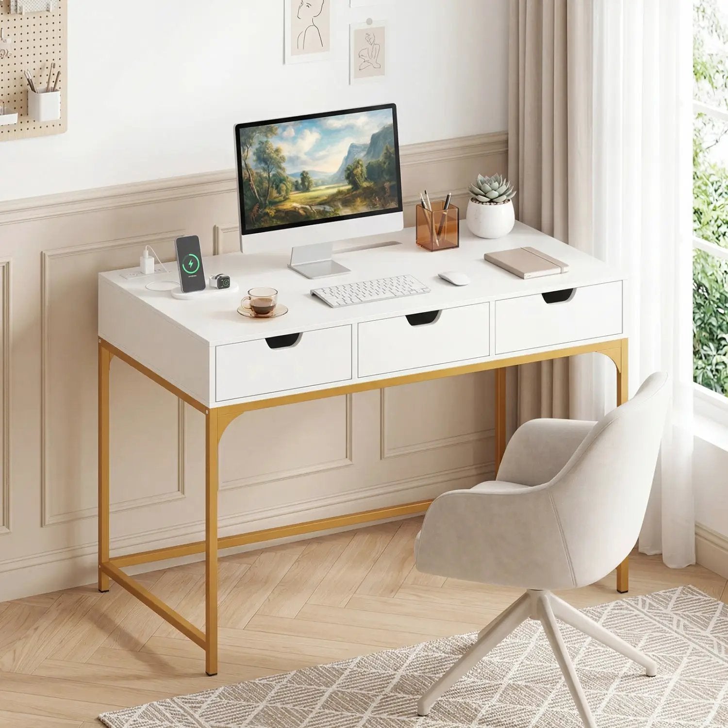 Office Desk with Power Outlets and Hidden Compartment for Study by DirectDeals
