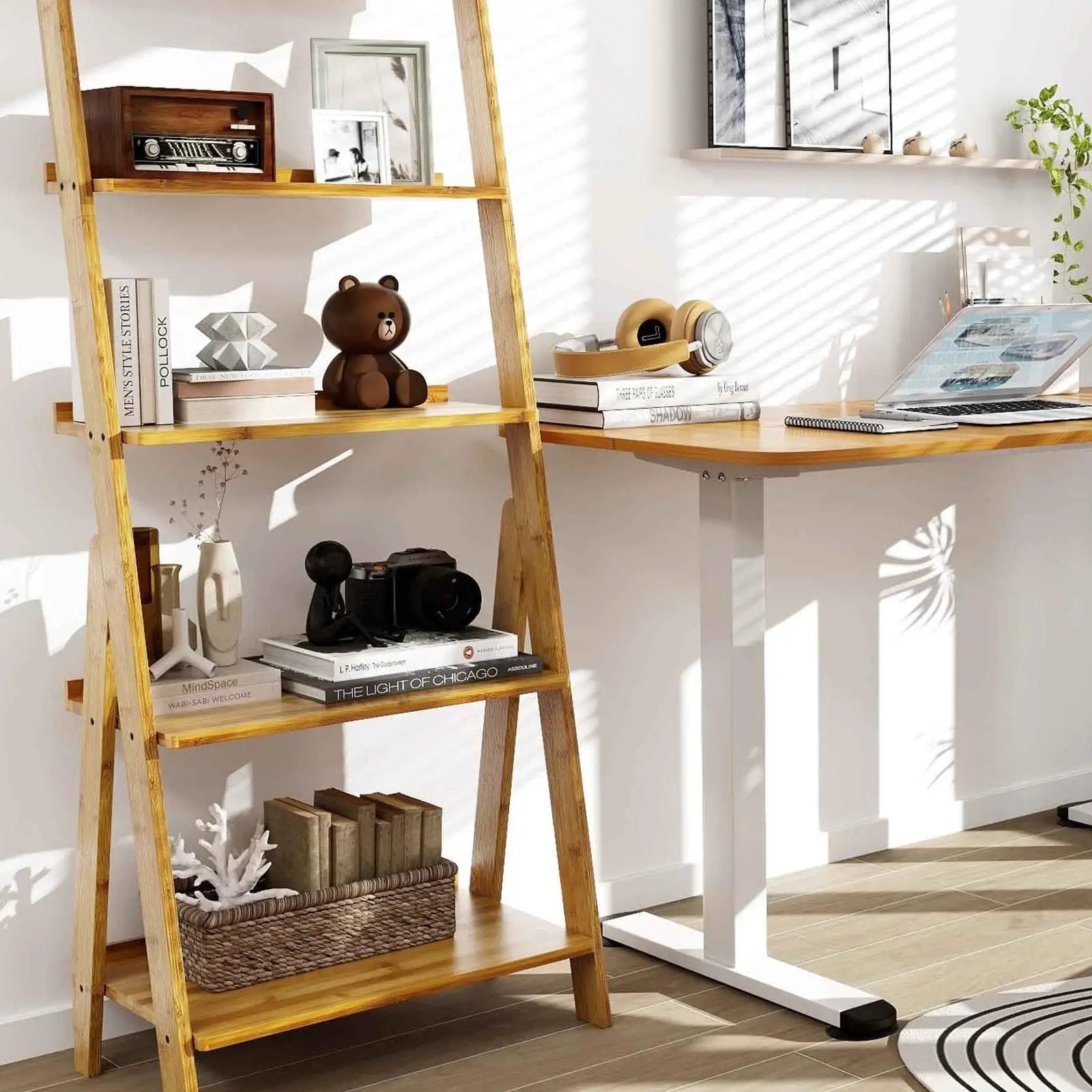 Office Set with 5-Tier Bamboo Ladder Shelf and Electric Standing Computer Desk by DirectDeals