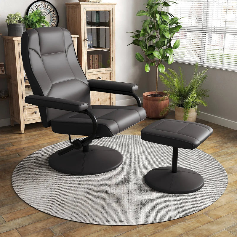 Swivel Recliner Chair with Ottoman in Black PU Leather by DirectDeals