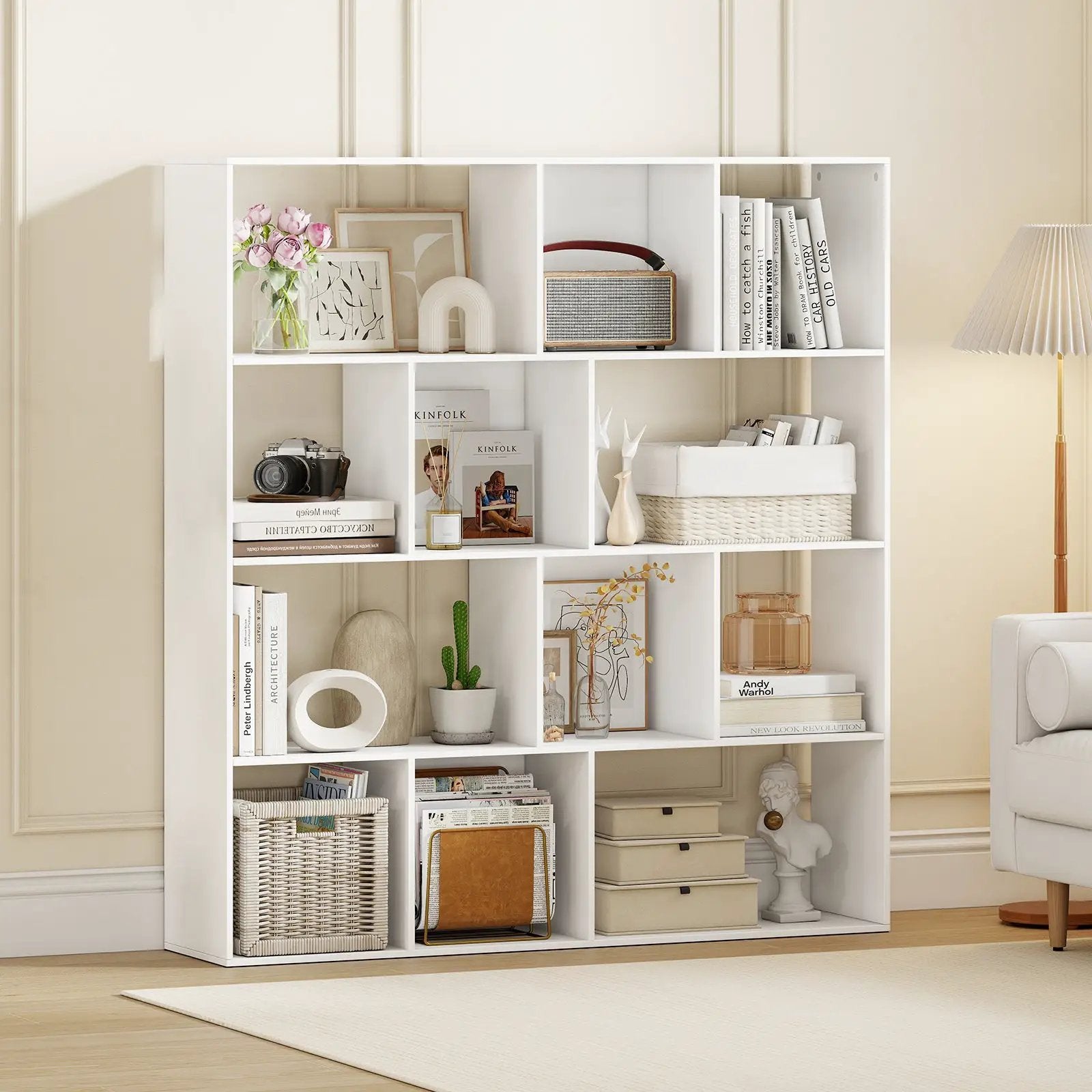 Open Shelf Bookcase 4-Tier Modern Bookshelf with 12 Storage Compartments-White by DirectDeals