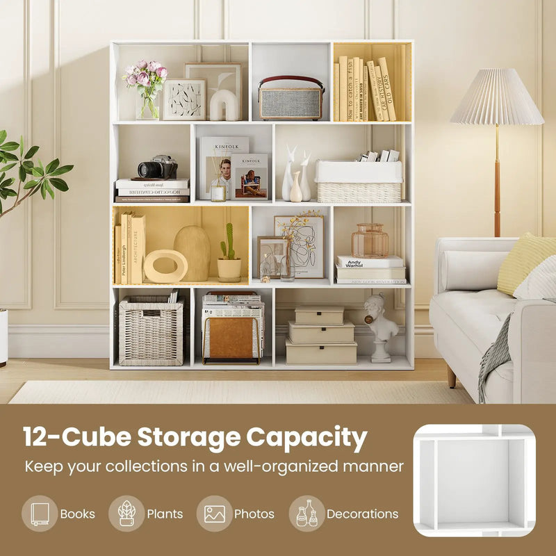 Open Shelf Bookcase 4-Tier Modern Bookshelf with 12 Storage Compartments-White by DirectDeals
