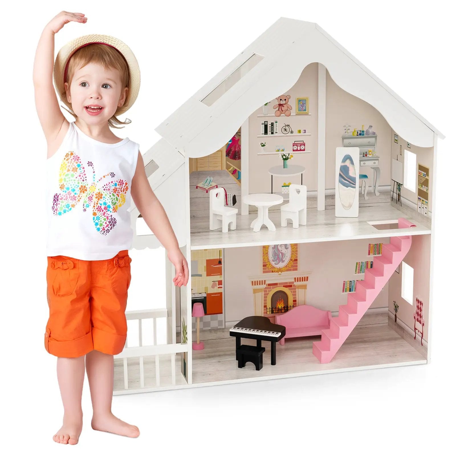 Semi-Opened DIY Dollhouse with Simulated Rooms and Furniture Set-White by DirectDeals