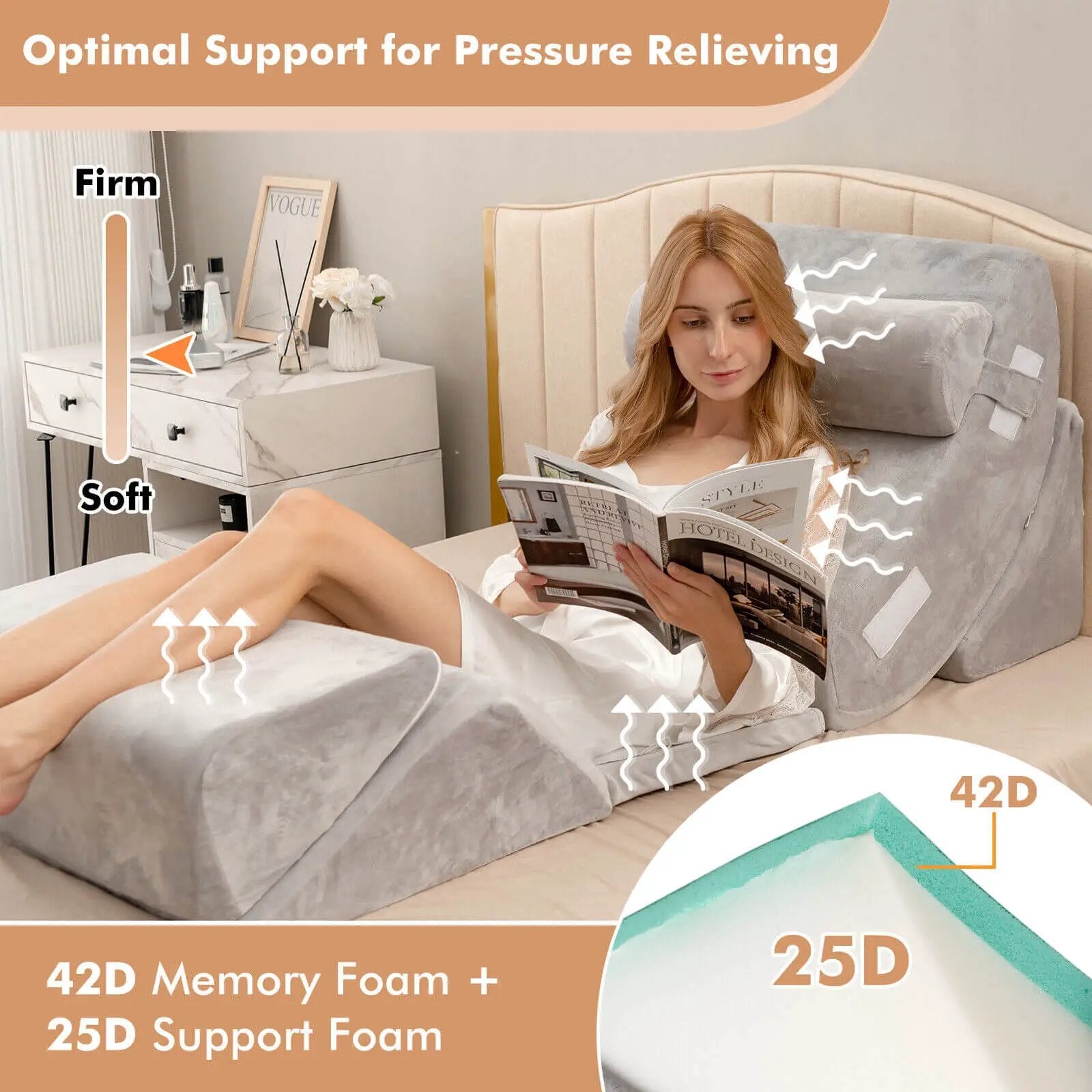 6 Pieces Orthopedic Bed Wedge Pillow Set for Back Neck Leg-Gray by DirectDeals