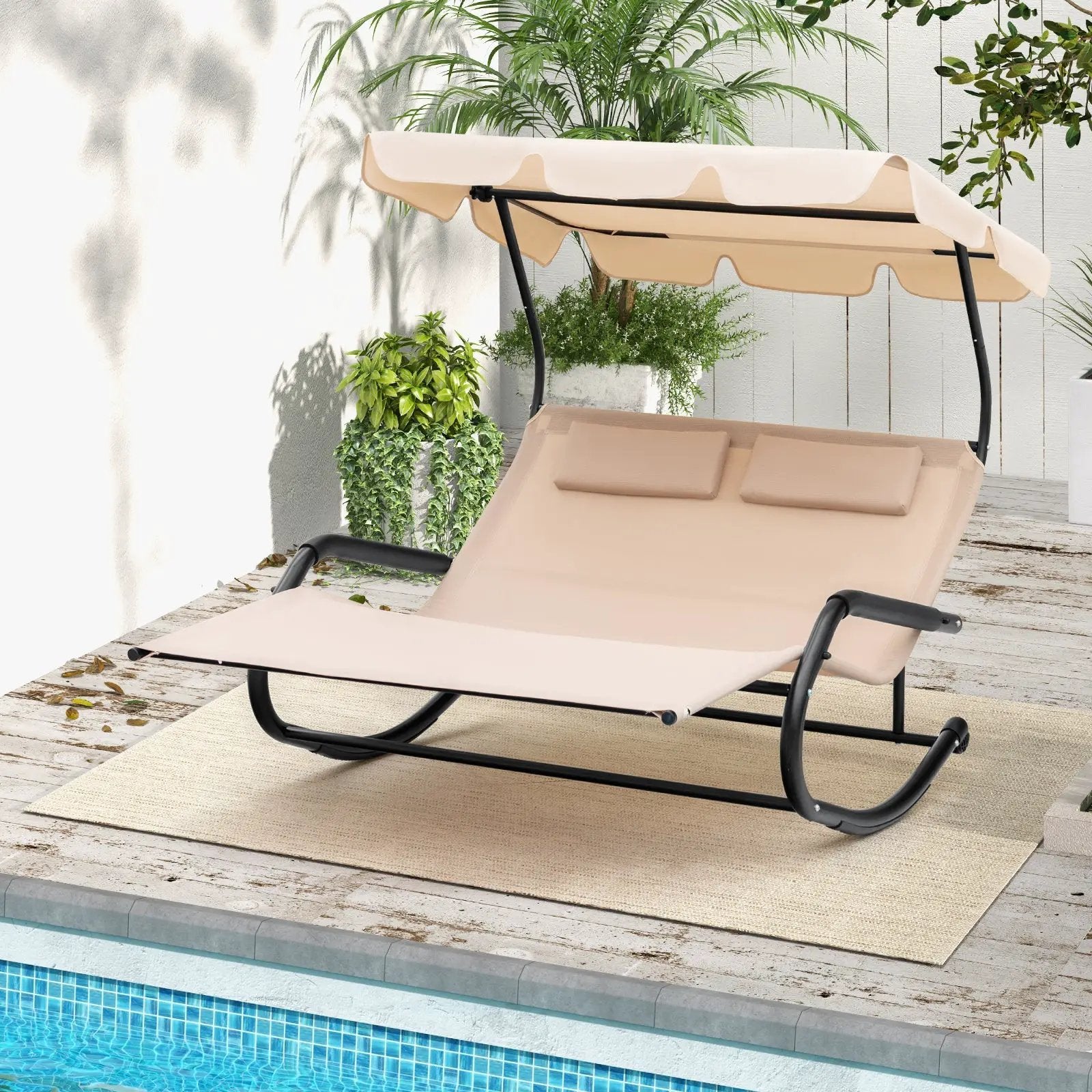 Outdoor 2 Persons Rocking Chaise Lounge with Canopy and Wheels-Beige by DirectDeals