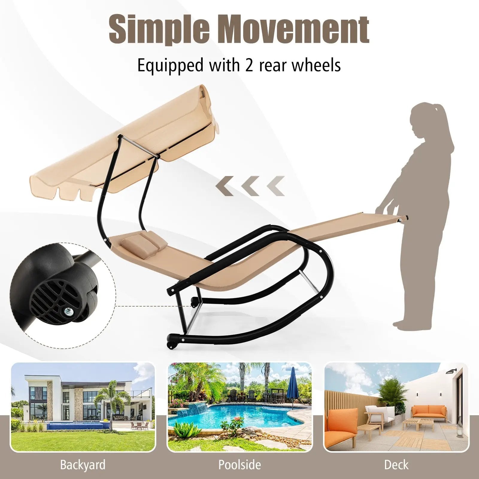 Outdoor 2 Persons Rocking Chaise Lounge with Canopy and Wheels-Beige by DirectDeals