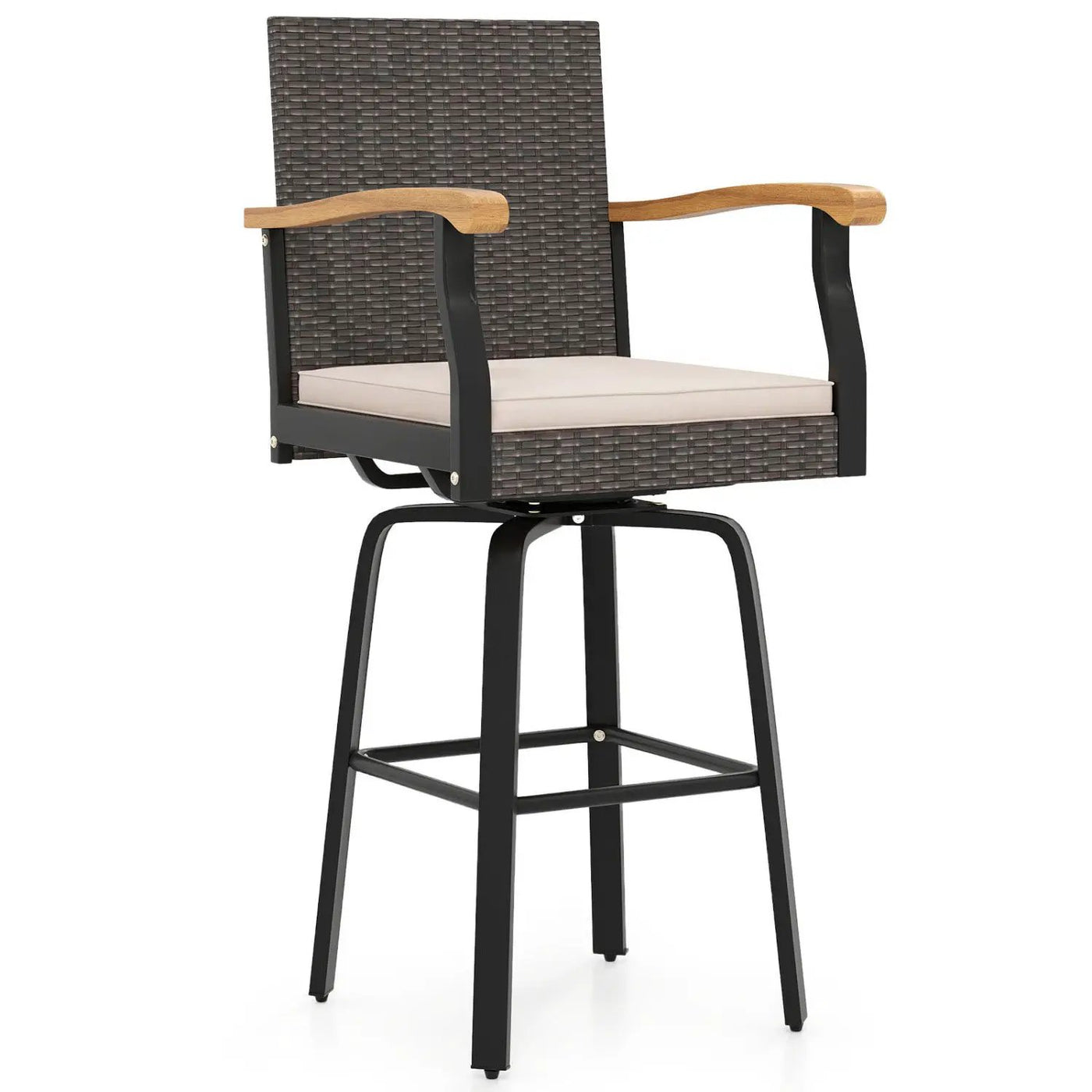 360° Swivel Outdoor Bar Stool with Cushion & Wood Armrests by DirectDeals