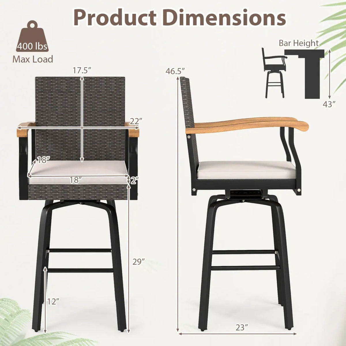 360° Swivel Outdoor Bar Stool with Cushion & Wood Armrests by DirectDeals