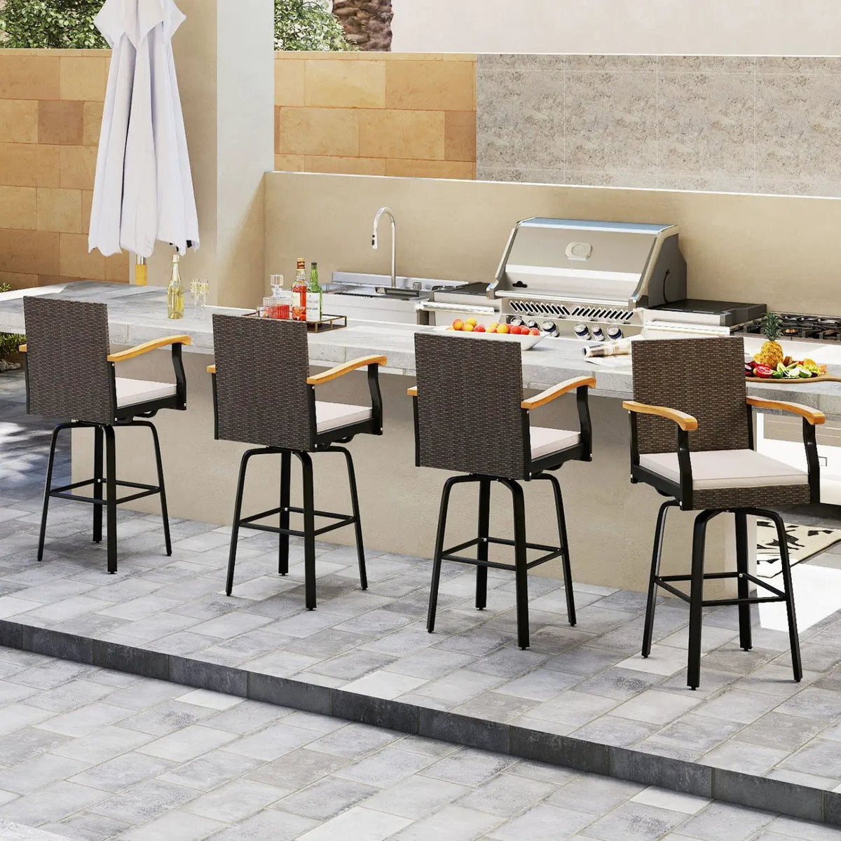 360° Swivel Outdoor Bar Stool with Cushion & Wood Armrests by DirectDeals