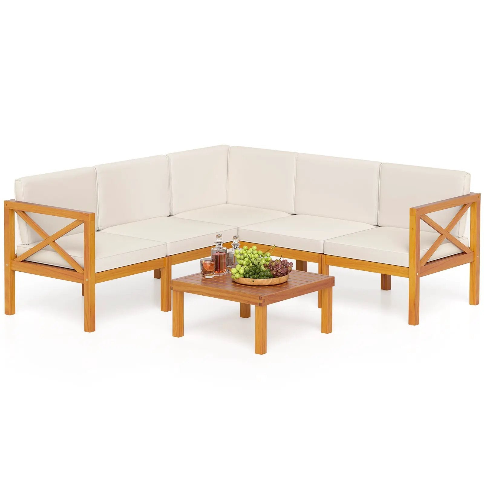 Outdoor 6 Pieces Acacia Wood Patio Sectional Furniture Set-Off White by DirectDeals