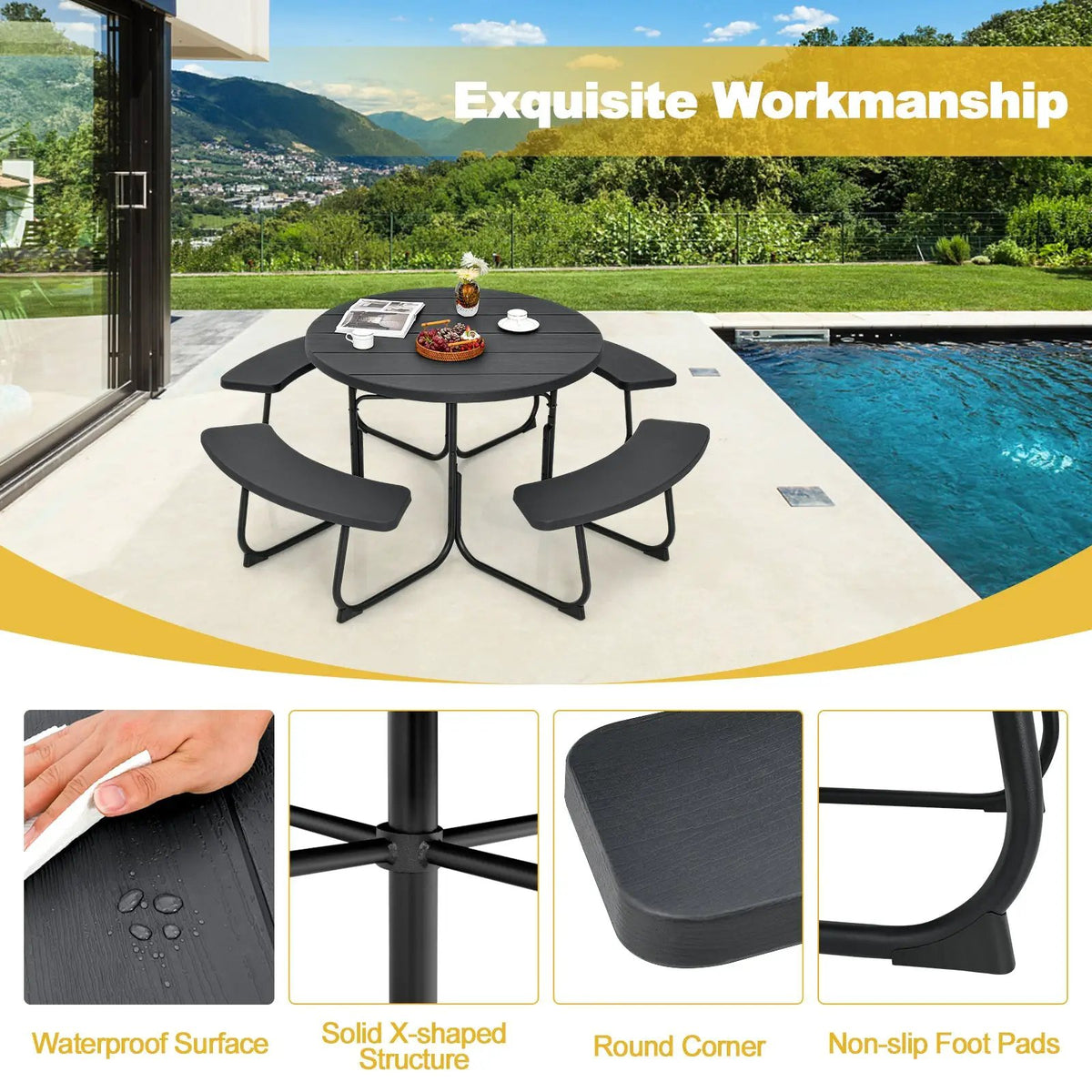 8-Person Outdoor Picnic Table and Bench Set with Umbrella Hole