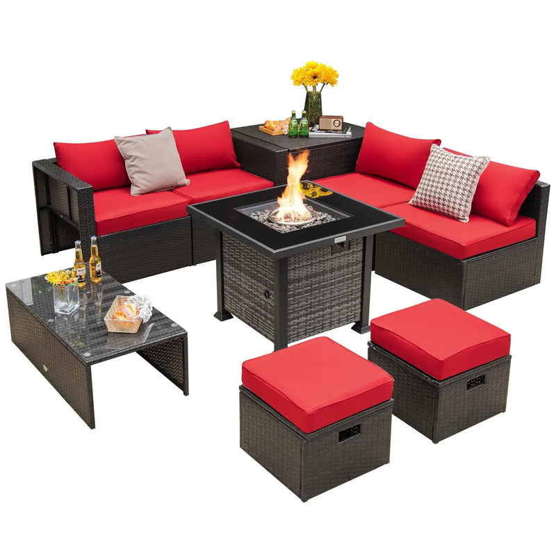 Outdoor 9 Pieces Patio Furniture Set with 50 000 BTU Propane Fire Pit Table by DirectDeals