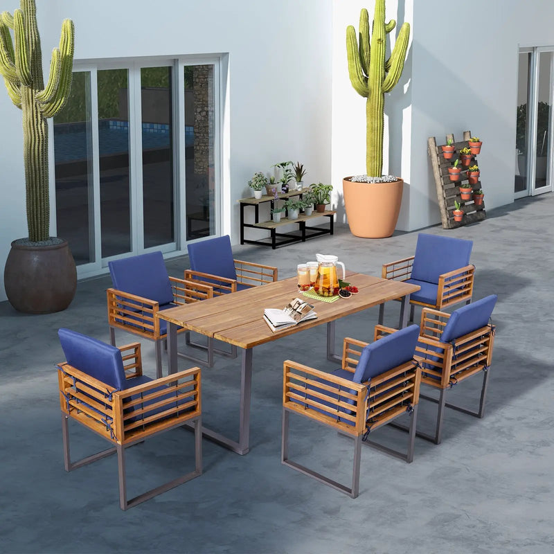 Outdoor Acacia Wood Patio Dining Chairs Set of 6 with Seat Back Cushions-Navy by DirectDeals