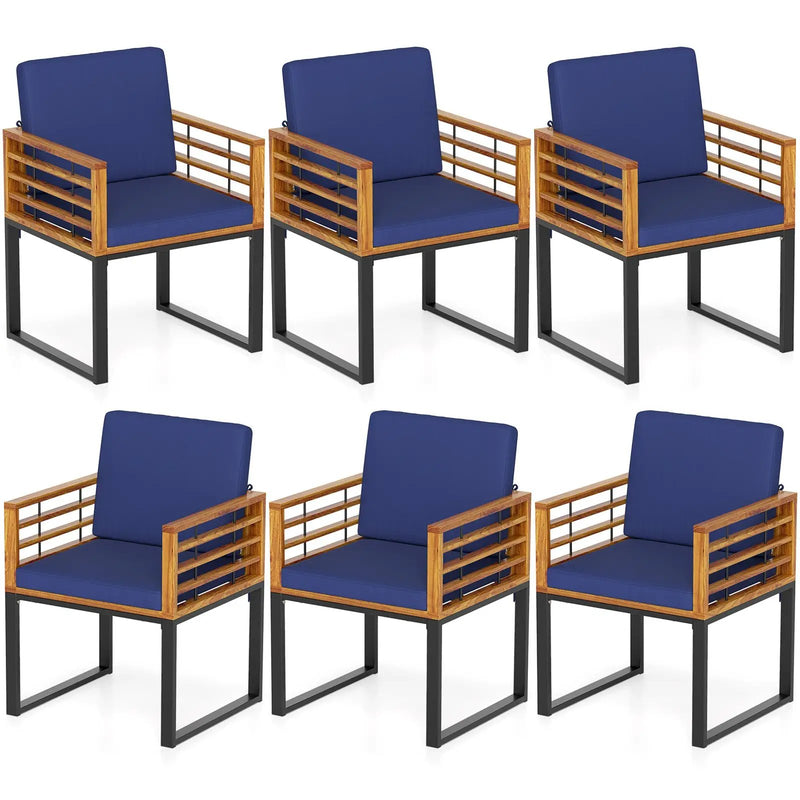 Outdoor Acacia Wood Patio Dining Chairs Set of 6 with Seat Back Cushions-Navy by DirectDeals